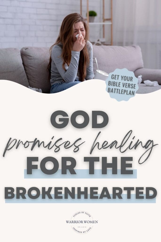 Woman crying on a couch pin image for God promises healing for the brokenhearted.