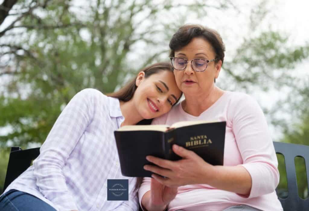 Grandmother reading Bible to her granddaughter
