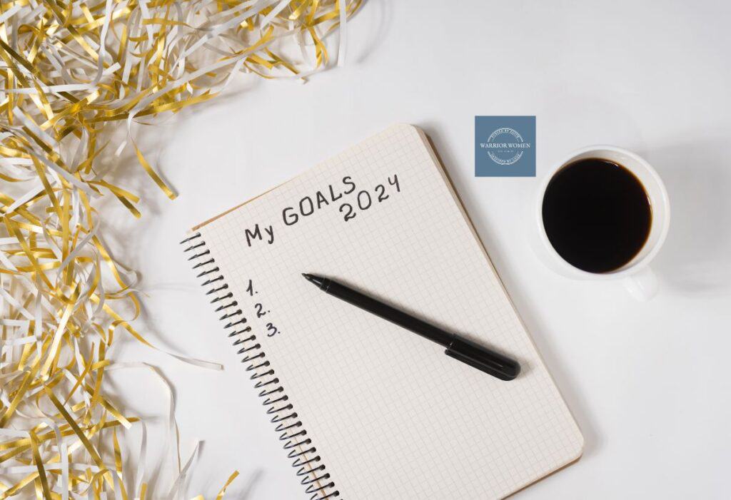 notebook and cup of coffee on a table. Notebook has My Goals 2024 written on it with a pen laying across it for prayer strategy for new year post