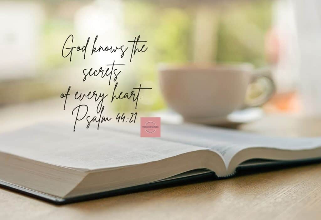 open Bible on a table with coffee cup and window in faded background with Psalm 44:21 Bible verse