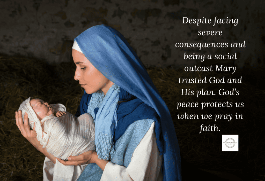 woman posing as mary mother of Jesus, holding a baby