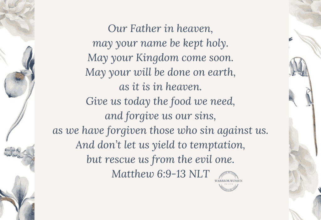 Blue and cream floral background with the Lord's prayer