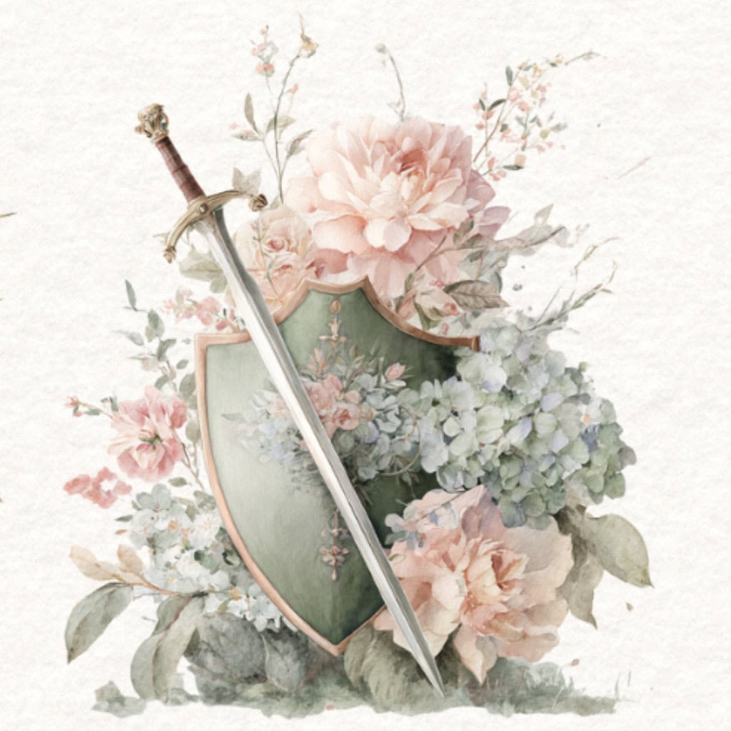 Shield with sword in front facing downward surrounded by light pink and blue flowers with greenery