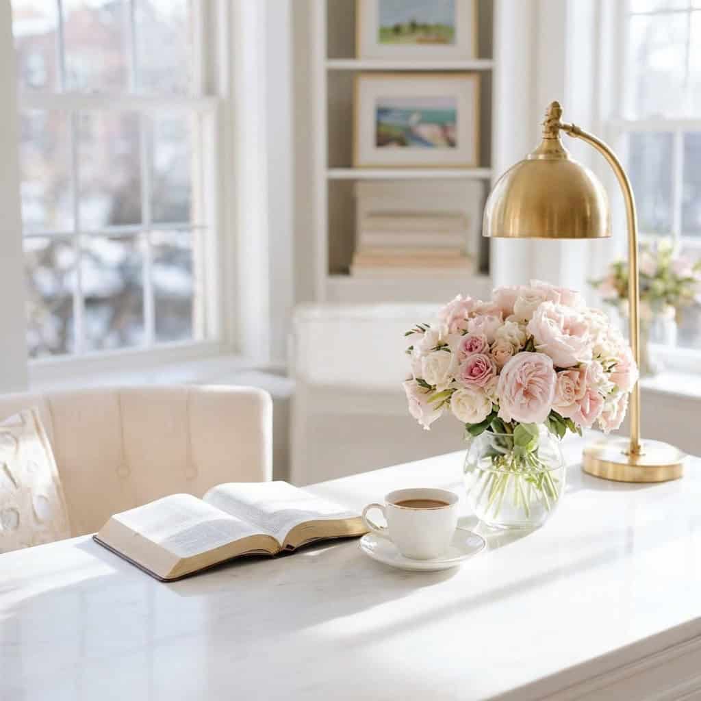 white desk with pink flowers, gold lamp, and open Bible beside a window